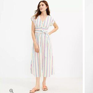 Striped Button Tie Waist Midi Dress